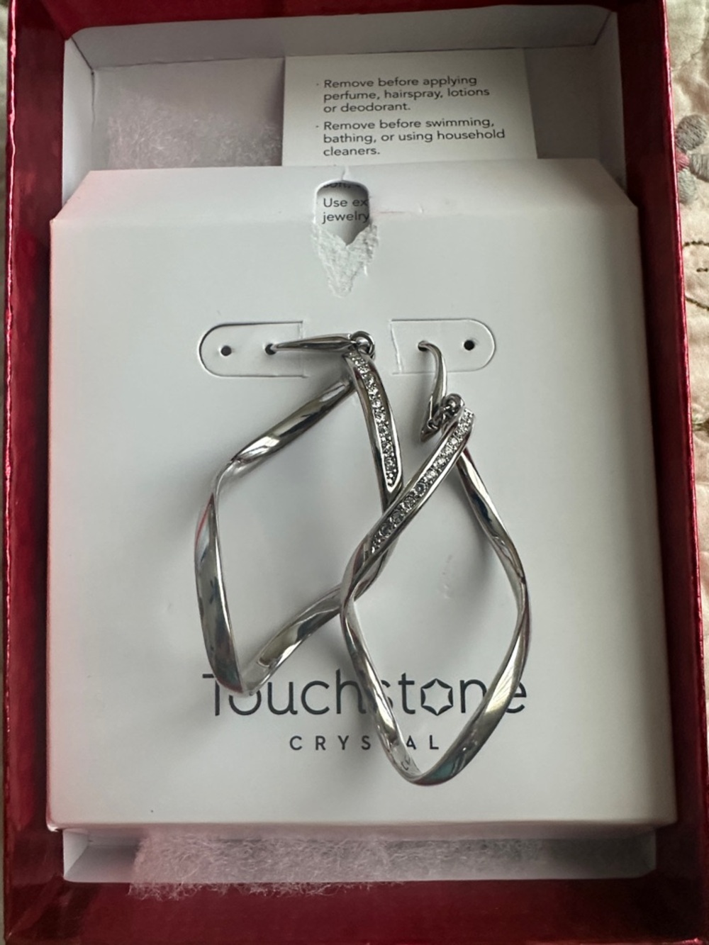 Touchstone Crystal Silver Twisted Hoop Earrings with Crystal Accents